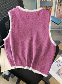 SHEIN Unity Rompi Sweater Kasual Wanita Ukuran Besar dengan Kerah V dan Kancing Depan untuk Musim Gugur/Dingin - Berwarna merah muda - View 2