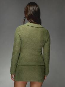 MISSGUIDED Gerippter Strick-Knopfverschluss Cardigan Mini Rock Set Winter Herbst Mode Kragen Pullover Co-Ord Knopfleisten Schlitz Design gemütliches Outfit Weihnachten - Grün - Übersicht 2