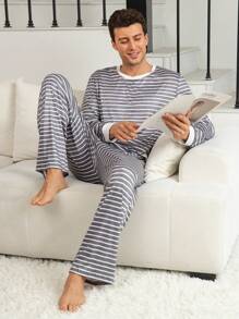 男士条纹圆领长袖上衣和裤子睡衣套装