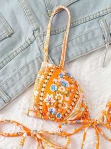 SHEIN Swim 女士花卉印花系带丁字裤比基尼套装，性感比基尼套装，适合度假和海滩，随机印花，夏季海滩 - 亮橙色 - 查看 3