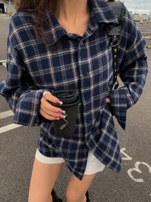 DAZY 复古格子女士休闲落肩长袖单排扣衬衫，秋季，法兰绒女士 - 藏蓝色 - 查看 6