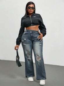 SHEIN EZwear 大码女式不对称腰部口袋破洞休闲牛仔裤