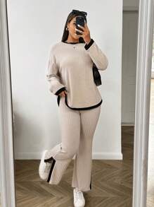 SHEIN EZwear 2 件/套加大码撞色边罗纹针织圆领长袖上衣和开衩长裤，女士冬装 - 杏色 - 查看 1