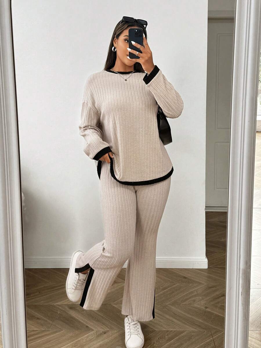 SHEIN EZwear 2 件/套加大码撞色边罗纹针织圆领长袖上衣和开衩长裤,女士冬装 - 杏色 - 查看 1