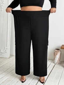 SHEIN CURVE+ Plus Size Women's High Waisted Elastic Wide Leg Pants, Daily Casual Streetwear With Pockets, Workwear Style,