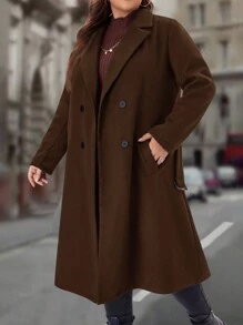 EMERY ROSE 大码女式冬季纯色缺口翻领长袖双排扣口袋优雅羊毛冬季女式大衣 - 咖啡棕 - 查看 7