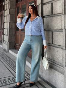 Calvaya Plus Size Women's Button Front Long Sleeve Striped Color Block Casual Shirt Fall Cloth For Women - Blue and White - View 6