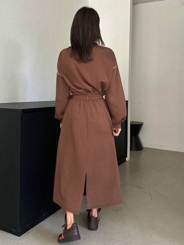 2pcs/Set Women Contrast Color Ribbed Pocket Sweatshirt & Skirt Set