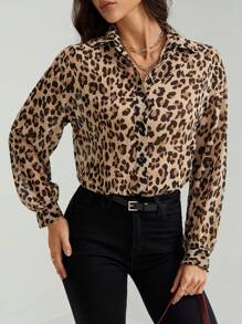 SHEIN Tall Camisa de mujer de lino, camisa de manga larga de unicolor, uniforme escolar francés, uniforme de maestro, estampado de guepardo y leopardo para mujeres en otoño
