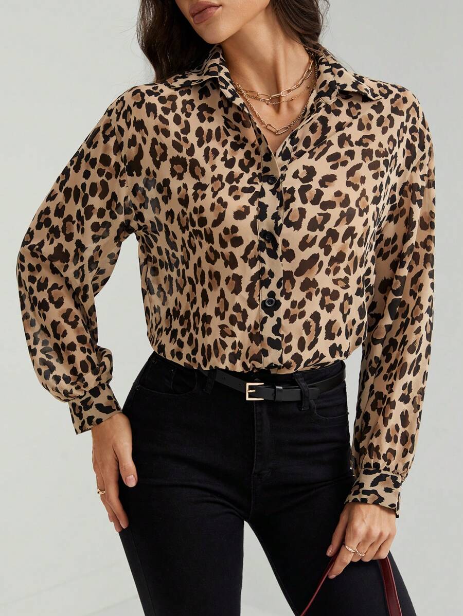 SHEIN Tall 亚麻女式衬衫时尚纯色长袖衬衫法国返校制服教师制服秋季女式猎豹豹纹 - 棕色 - 查看 1