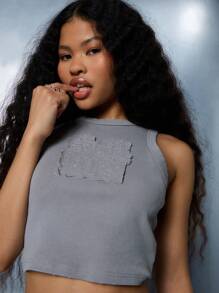 SUMWON WOMEN Ribbed Crop Tank Top Applique Embroidered Summer Sleeveless Casual Vest Top Festival Beach Streetwear - Light Grey - View 5