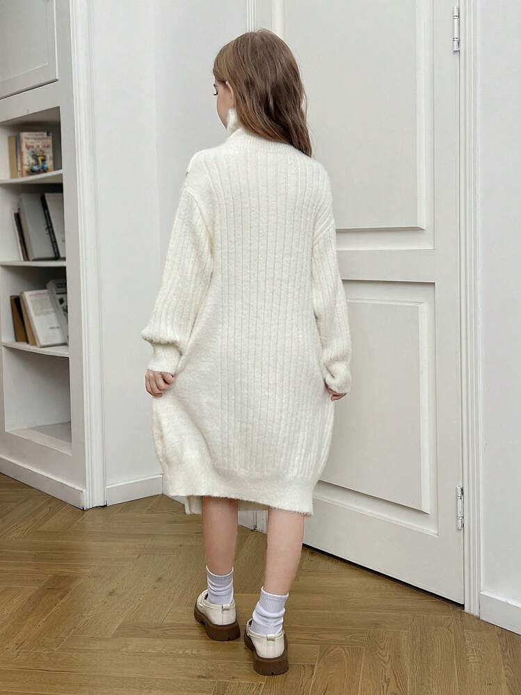 青少年女孩宽松休闲冬季蓬松围脖宽松 A 字形拼接时尚套头连衣裙 - 白色 - 查看 2