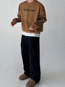 DAZY 男士休闲字母印花套头衫，秋冬 - 棕色 - 查看 5