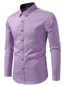 Calvornis 男士拼布前扣休闲长袖衬衫，秋季 - 淡紫色 - 查看 3