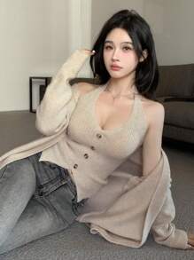 DAZY Set de 2 chaquetas de punto sin mangas de unicolor para mujer, ropa de otoño