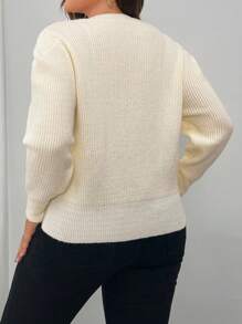 SHEIN Unity 大码女式杏色蝴蝶结针织开衫，优雅秋冬季 - 米色 - 查看 2