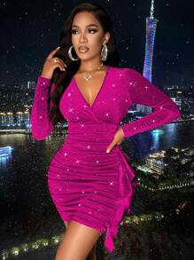 SOLERSUN Elegant Christmas Ruffled Hem Glitter Bodycon Mini Dress For Holiday Party Clothes Velvet Women Outfit