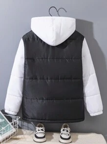 SHEIN 青少年男孩休闲校园字母印花图案保暖衬里缝制徽章拼接袖连帽加厚编织冬季外套，绗缝外套 - 黑與白 - 查看 2