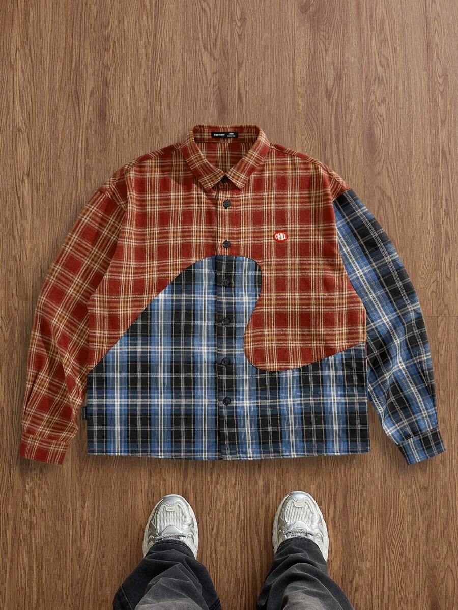 Manfinity VCAY 男士编织时尚休闲年轻格子拼布长袖衬衫