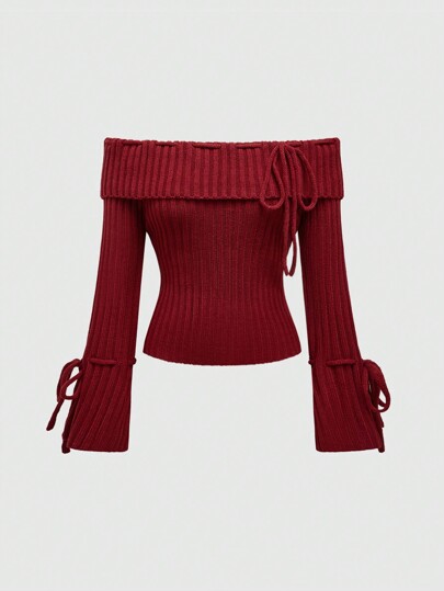 Kawaii Pull moulant avec nœud papillon rouge vin à épaules dénudées pour le Nouvel An