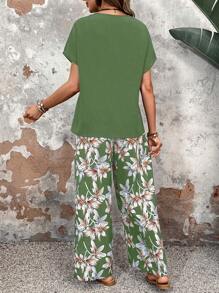 EMERY ROSE 女士纯色圆领短袖上衣和花卉印花阔腿裤套装，适合夏季两件套服装 - 橄欖綠 - 查看 2