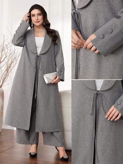 Mulvari 加大码纯色前系带长袖夹克和裤子，优雅两件套