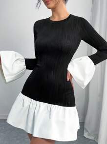 SHEIN Girlism Teen Girls Black & White Round Neck Long Sleeve Knitted Textured Jacquard Petal Sleeve Hem Splice Color Block Elegant Vintage Princess Mini Dress - Black and White - View 3