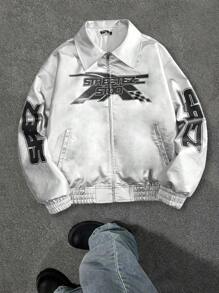 Manfinity VCAY Męska luźna kurtka ze skóry PU z nadrukiem atramentowym i długim rękawem w języku angielskim, lekka kurtka typu Going Out Vintage Silver Graphic, dla przyjaciół, męża, chłopaka