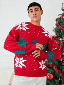 Manfinity VCAY Unisex Christmas Tree & Snowflake Pattern Loose Fit Crew Neck Pullover Sweater, Suitable For Christmas, Autumn/Winter - Red - View 2