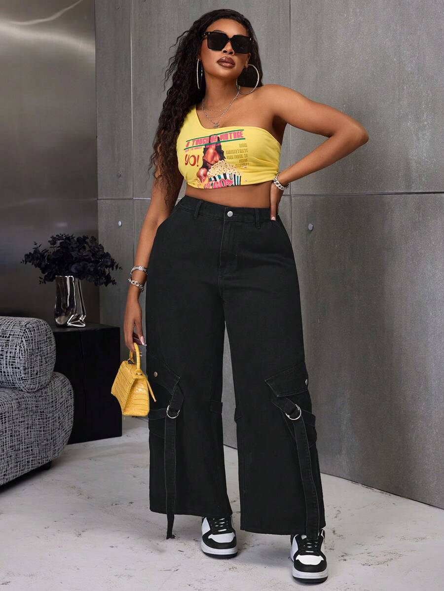 SHEIN SXY Plus Size Solid Color Front Button Pocket Simple Design Jeans, Casual Everyday Wear - Blue - View 1