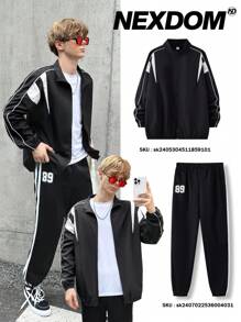 SHEIN Áo khoác chống gió khối màu thông thường dành cho nam thiếu niên có dây rút cổ trắng và lớp phủ màu đen, thích hợp cho mùa thu, mùa đông, ấm áp, trường học, trường đại học, ở nhà, hàng ngày, chạy bộ và thể thao, đa năng và đơn giản, thích hợp cho các hoạt động ngoài trời. - màu đen - Xem 3
