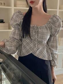 DAZY Blusa casual de manga larga con nudo delantero a cuadros para mujer, use diaria