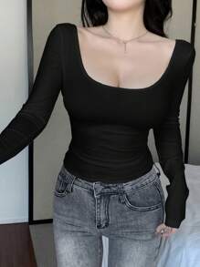 DAZY 女士纯色圆领修身长袖 T 恤，秋季，返校服装，秋季女装 - 黑色 - 查看 4