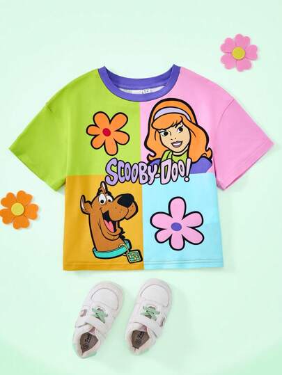 SCOOBY-DOO X SHEIN Young Girl Cartoon Puppy & Flower Print Colorblock Short Sleeve T-Shirt