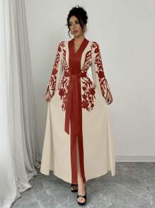 Chiquease 女式秋季优雅花卉印花喇叭袖开叉长裙新年服装长款女装 - 紅色 - 查看 4