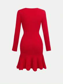 SHEIN Teengirl Red Bodycon Christmas Dress, White Bow Decor, Party Dress - Red and White - View 2