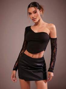 Hauture Women's Fashion Sexy Contrast Lace Asymmetrical Neck Top - Black - View 2