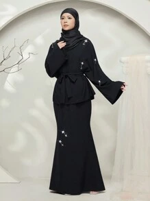 Graceveil Baju Kurung z przodu koronkowa bluzka z długim rękawem i spódnica w kształcie litery A, swobodny, 2-częściowy zestaw, skromny