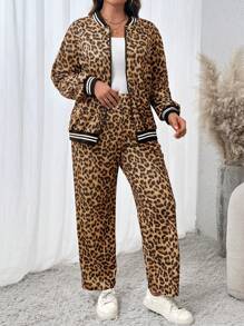 Conjunto de 2 piezas para mujer talla grande, con manga larga estampado de leopardo, moda retro estadounidense, diseño elegante, corte holgado, efecto adelgazante, atuendo versátil para otoño/invierno para ropa de fiesta de Año Nuevo