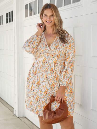 SHEIN LUNE Plus Size Women Autumn Flower Print V Neck Doll Dress Casual Outings Can Be Wear Together Dress Holiday Outfit Holiday Party Dress Dress Plus