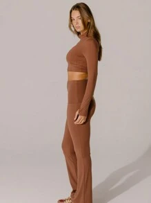 Aralina 时尚巧克力棕色翻边喇叭裤运动瑜伽裤 - 駝色 - 查看 1