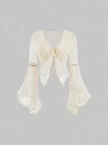 SHEIN MOD Semi-Sheer Lace Top With Flare Sleeve And Tie Detail - Apricot - View 1