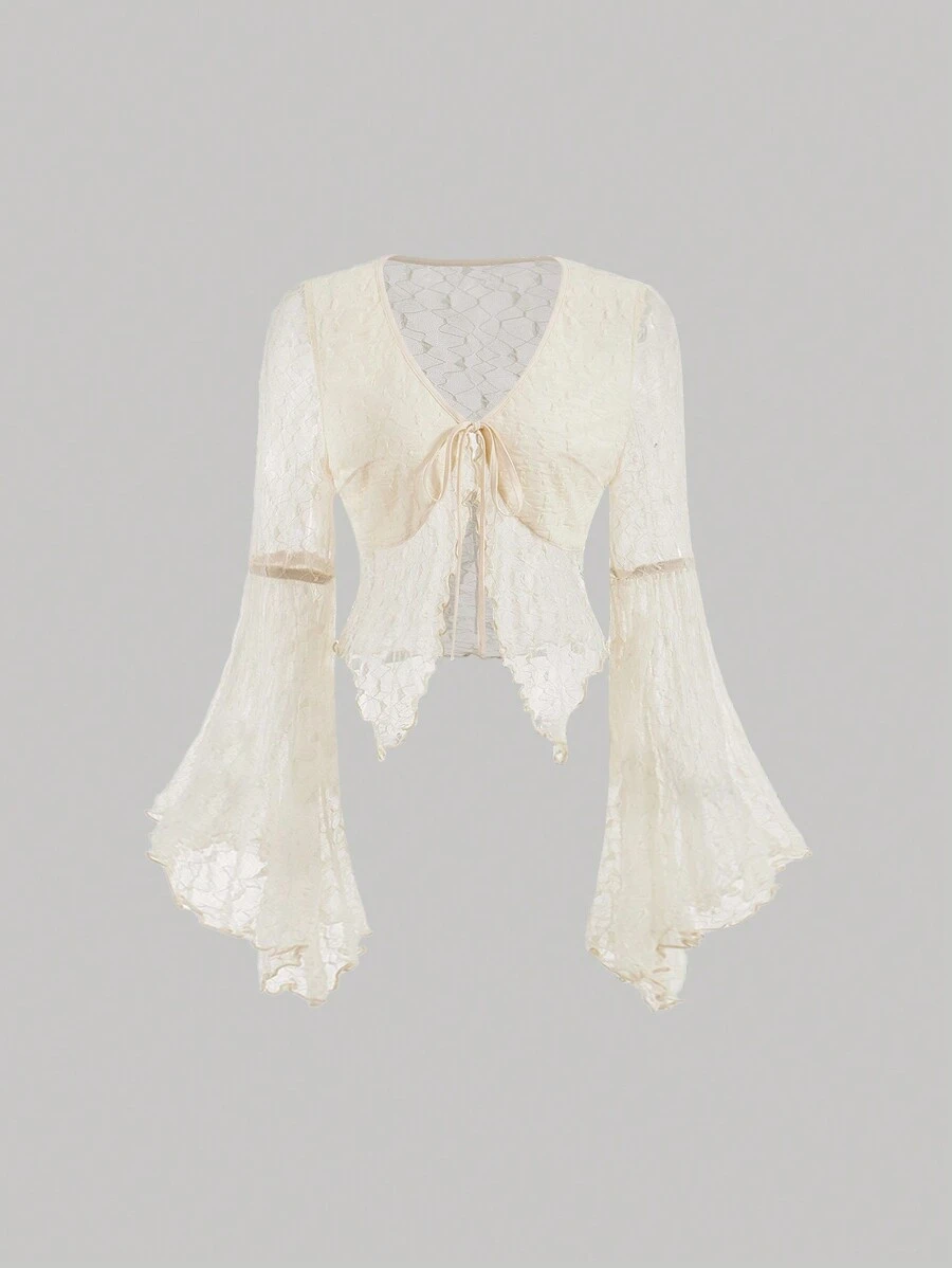 SHEIN MOD Semi-Sheer Lace Top With Flare Sleeve And Tie Detail - Apricot - View 1