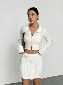 Flirla Áo len cardigan bện thanh lịch và thon gọn có nút và cổ, bộ váy ngắn bó sát Y2K Outfit - trắng - Xem 4