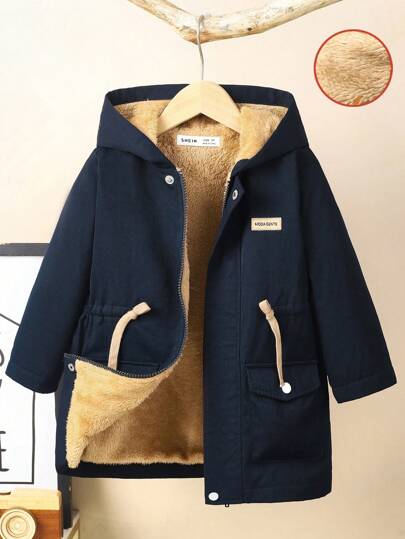 SHEIN 1pc Young Boys/Girls Casual Hooded Zipper Windbreaker Jacket, Thick Warm Comfortable Everyday Coat For Young Boy Kids Back To School Outfit In Fall/Winter