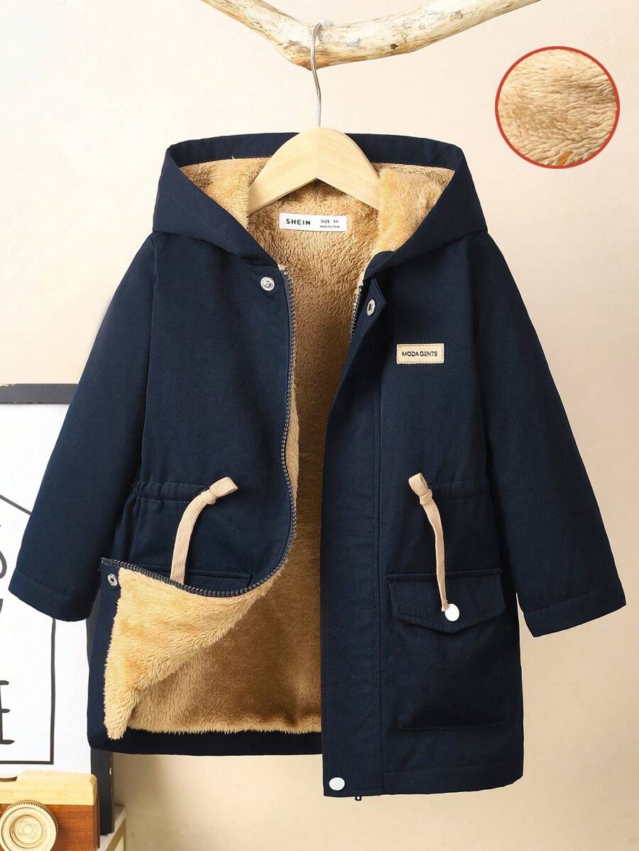 SHEIN 男童休闲连帽拉链防风外套，加厚保暖舒适，适合日常穿着，秋冬季开学季必备 - 藏蓝色 - 查看 1