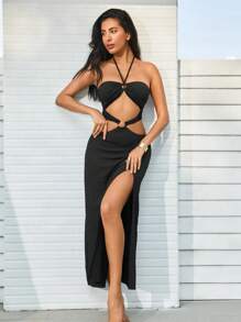 SHEIN Swim Conjunto de pareo de traje de baño de mujer con escote de halter y lazos para vacaciones de verano