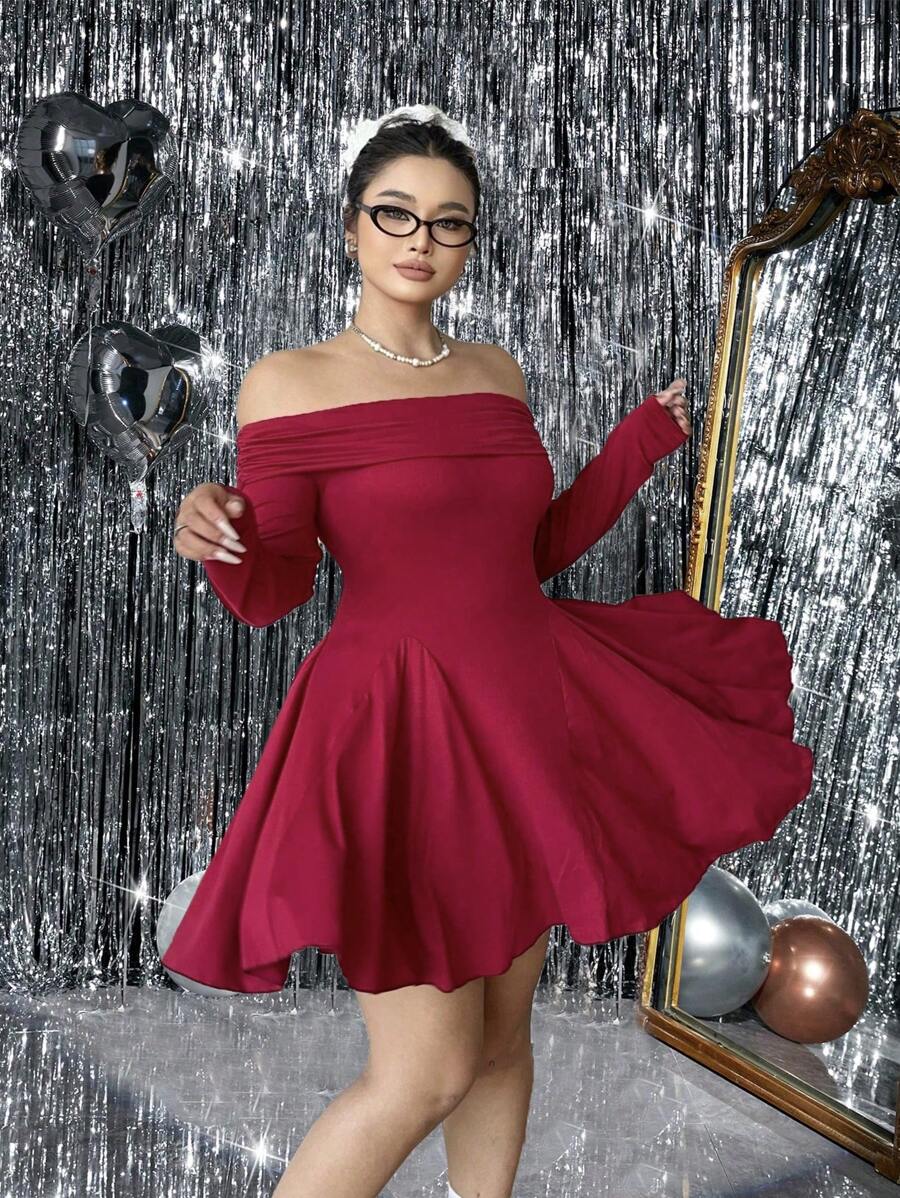 Allurite Váy chữ A trễ vai đơn giản thanh lịch cỡ lớn, váy ngắn tay màu đỏ dài, váy co giãn bó eo cho quần áo năm mới - Đỏ - Xem 1