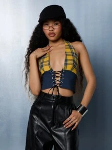 SUMWON WOMEN Punk Check Print Plunge Halter Neck Corset With Lace Up Detail - Multicolor - View 1