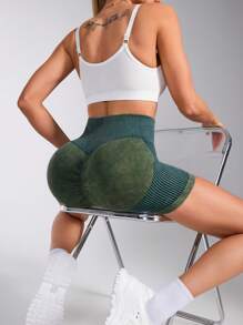 SHEIN Sports Women High Waist Striped Patchwork Casual Sports Shorts Spandex Short - Army Green - View 3